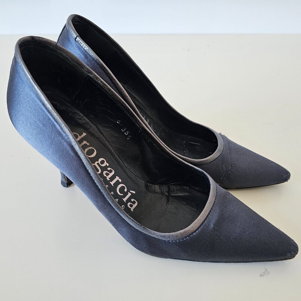 PEDRO GARCIA Grey Blue Satin Leather Pointed Toe 3" Heels Shoes 35.5